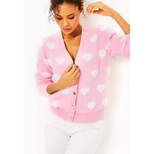 Lilly Pulitzer Keane Cardigan in the color Peony Pink Hearts Jacquara Size M